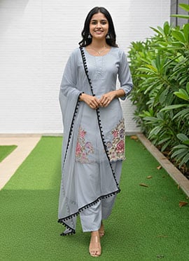 Grey Crepe Embroidered Thread Palazzo Suit