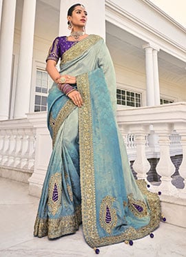 Grey Crepe Jacquard Resham Embroidered Zari Cutdana Zarkan Stones Saree