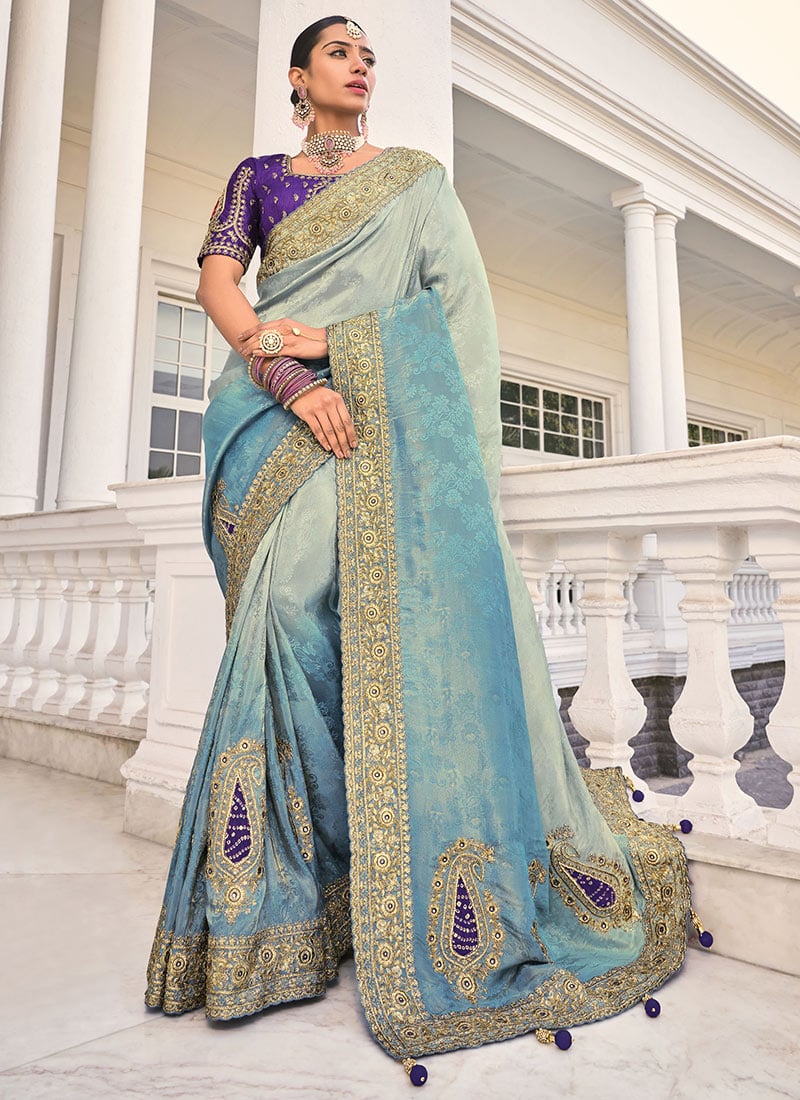 Grey Crepe Jacquard Resham Embroidered Zari Cutdana Zarkan Stones Saree Wedding Wear