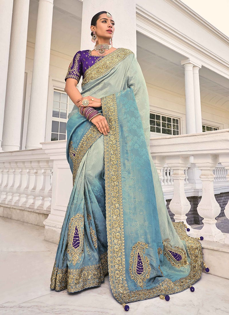 Grey Crepe Jacquard Zari Embroidered Sequins Saree Wedding Wear