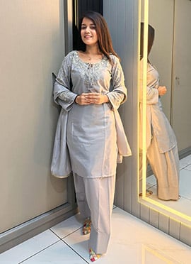 Grey Crepe Sequins Beads Thread Cutdana Palazzo Suit