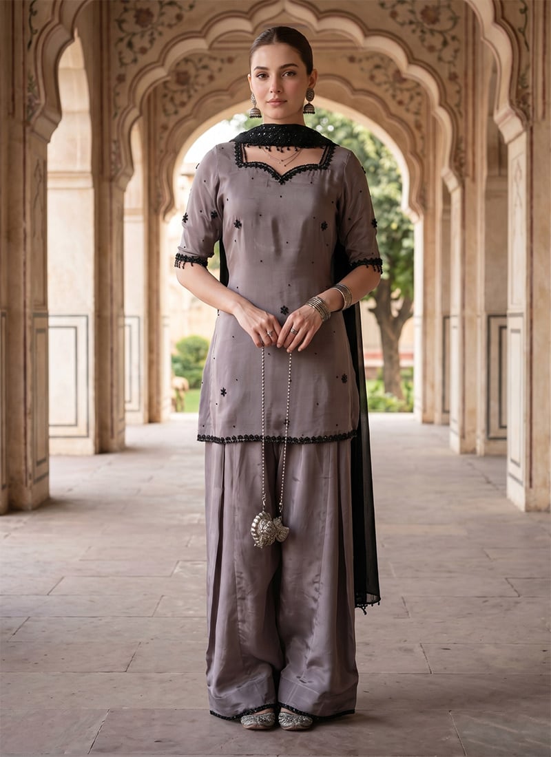 Grey Crepe Silk Embroidered Palazzo Suit After Six Wear