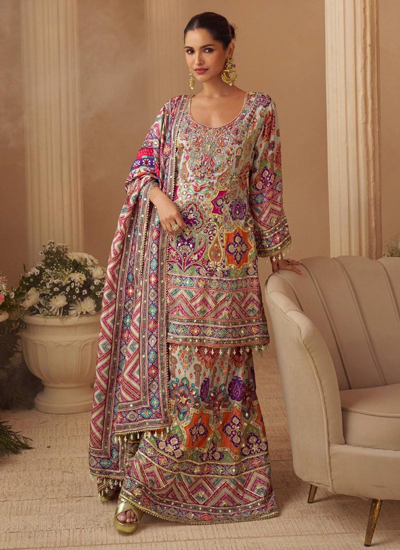 Grey Crepe Silk Sequins Gota Aari Printed Hand Embroidered Palazzo Suit Festive Wear