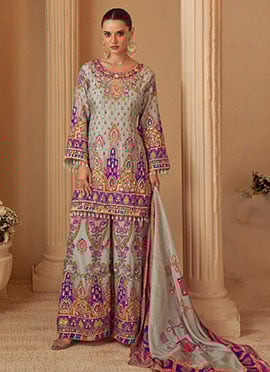 Grey Crepe Silk Sequins Gota Aari Printed Hand Embroidered Palazzo Suit