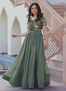 Grey Crunchy Silk Thread Embroidered Koti Anarkali Gown