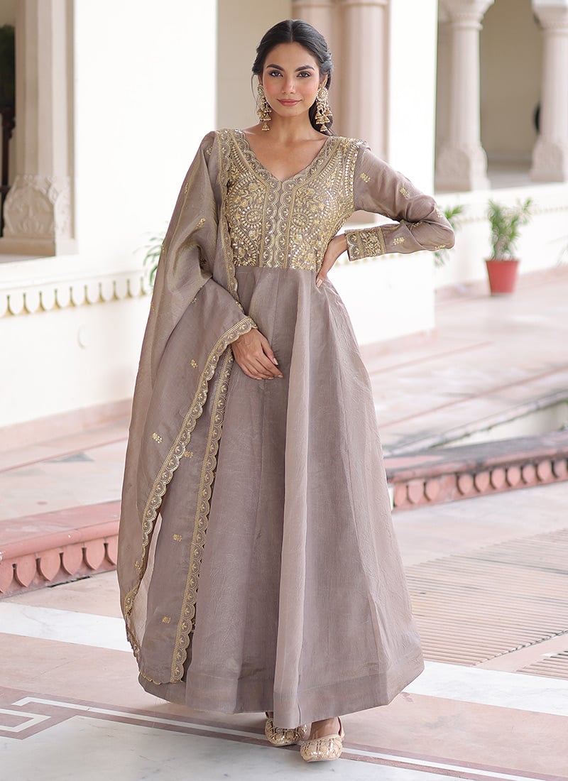 Grey Crush Silk Zari Embroidered Sequins Anarkali Suit Festive Wear