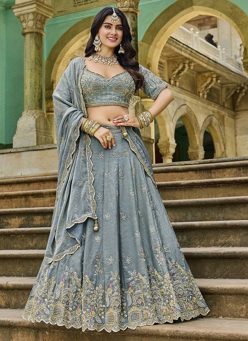 Grey Crush Silk Zari Embroidered Sequins With Beads Work Lehenga Wedding Wear