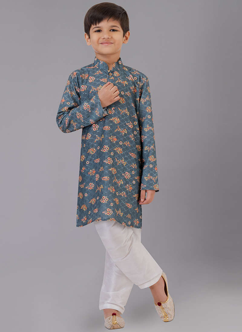 Grey Digital Printed Kids Kurta Pyjama