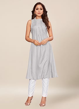 Grey Dola Silk Plain Knee Length Kurti