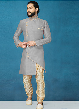 Grey Dupion Art Silk Classic Sherwani