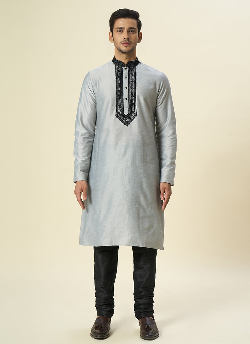 Grey Dupion Embroidered Kurta Pyjama Festive Wear