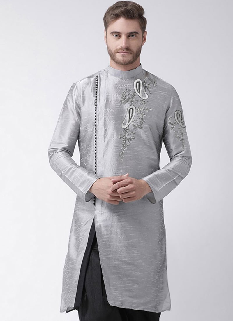 Grey Dupion Silk Embroidered Angrakha Kurta