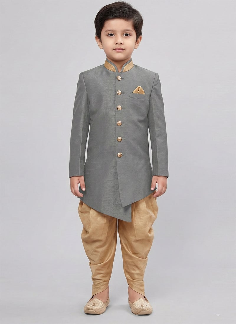 Grey Dupion Silk Kids Boys Indowestern Sherwani Festive Wear