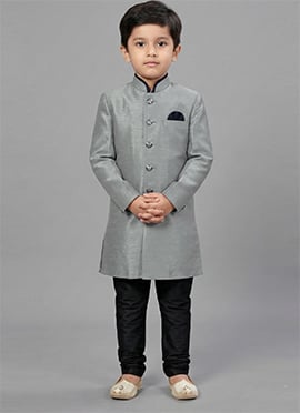 Grey Dupion Silk Kids Boys Indowestern Sherwani
