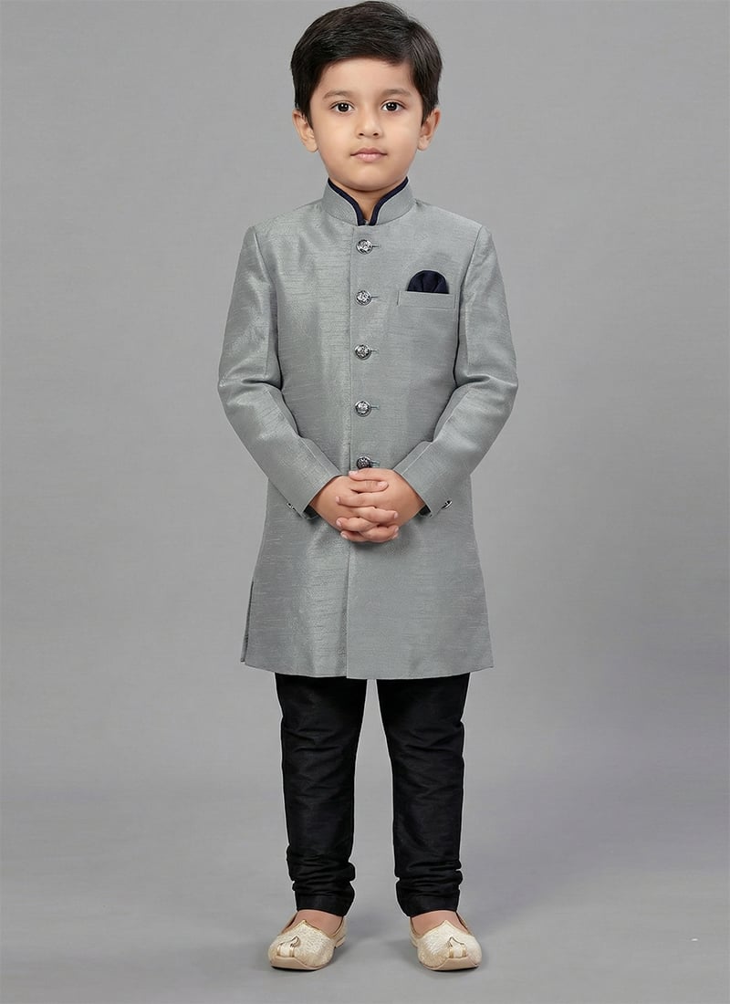 Grey Dupion Silk Kids Boys Indowestern Sherwani Festive Wear