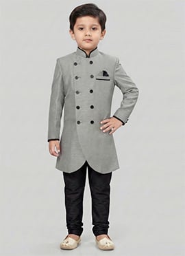 Grey Dupion Silk Kids Boys Regal Indowestern Sherwani