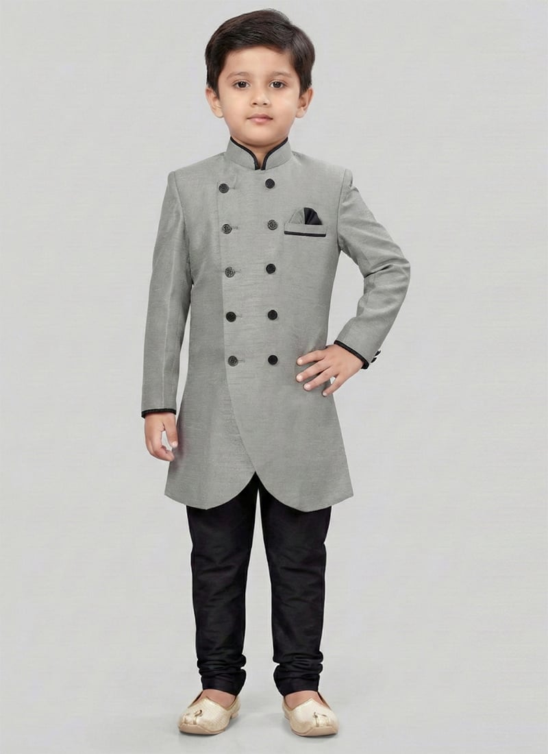 Grey Dupion Silk Kids Boys Regal Indowestern Sherwani Festive Wear