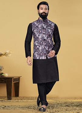 Grey Dupion Silk Printed Bandi Set