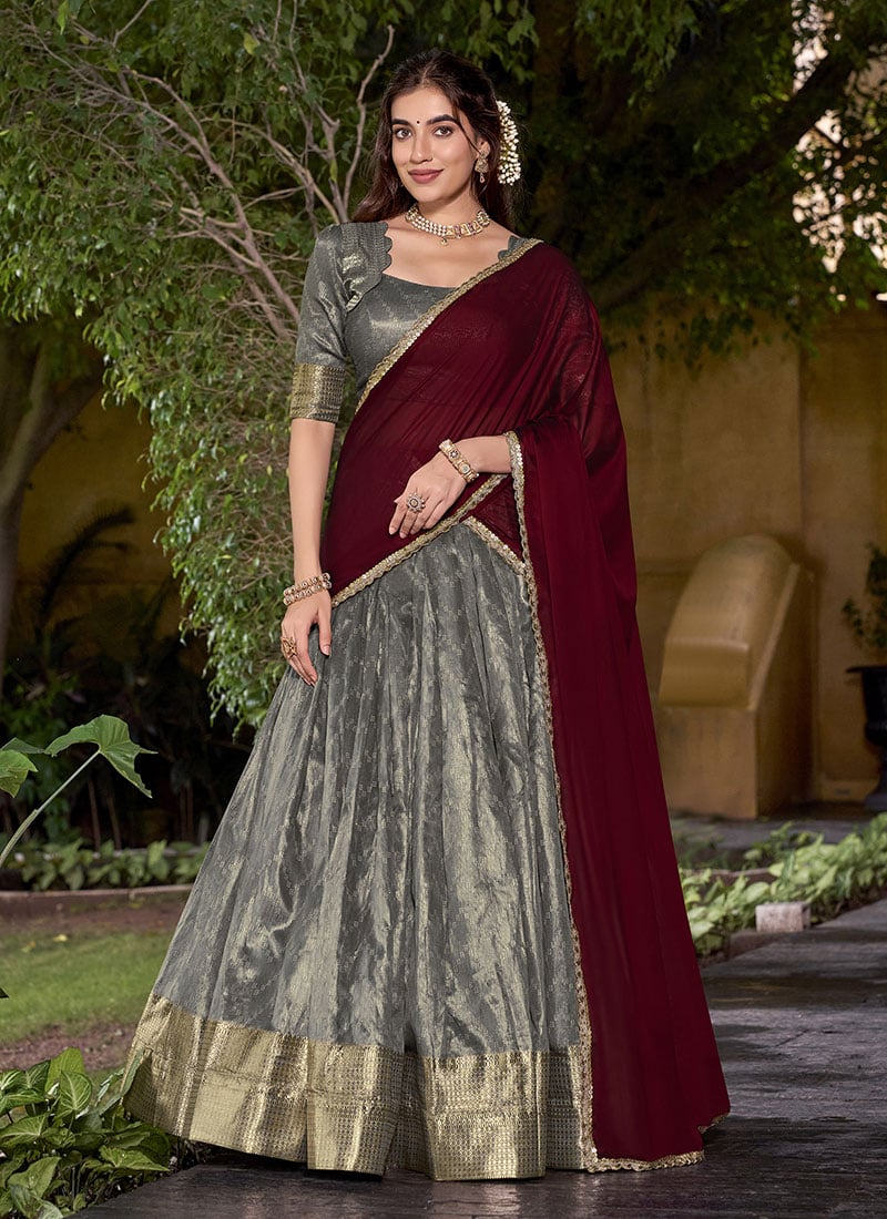 Grey Dupion Silk Zari Woven Lehenga Festive Wear