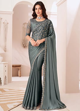 Grey Embroidered And Sequins With Beads Thread Work Saree