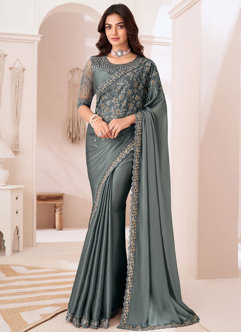 Grey Embroidered And Sequins With Beads Thread Work Saree Festive Wear