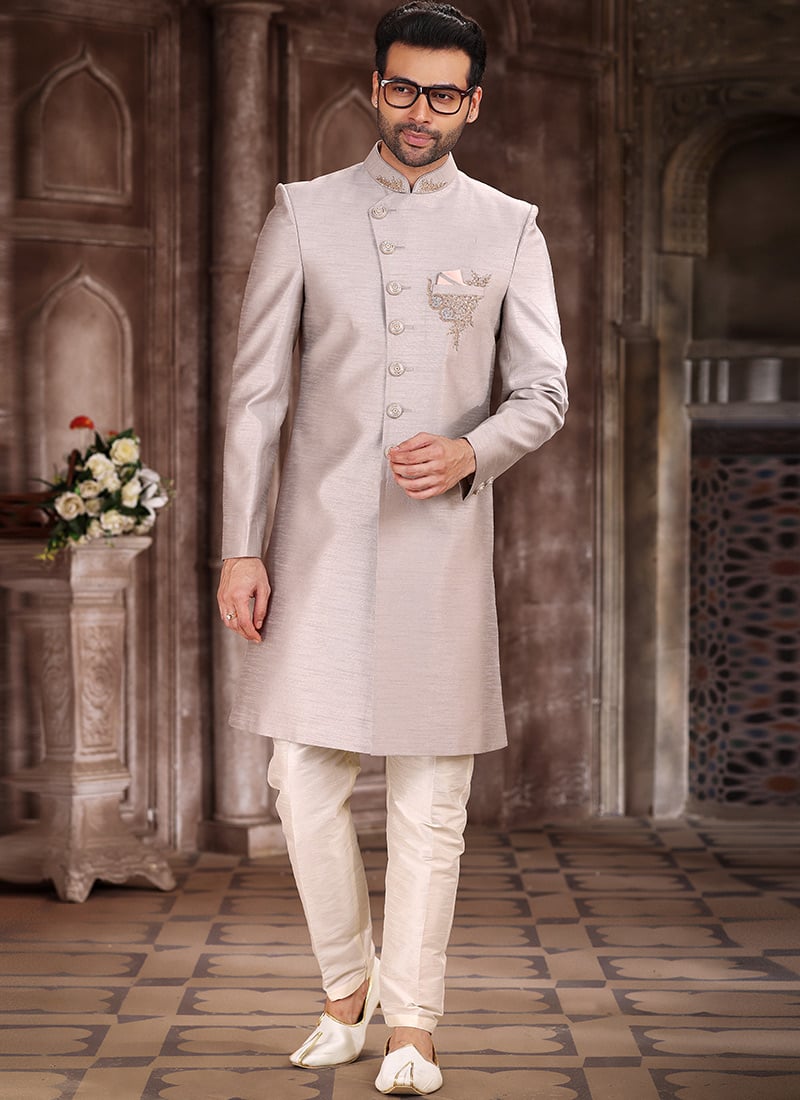 Grey Embroidered Art Silk Indowestern Sherwani  Party Wear