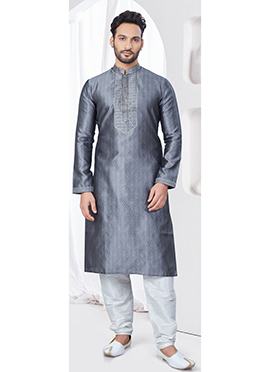 Grey Embroidered Jacquard Print Silk Kurta Pyjama For Men