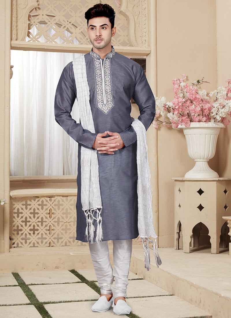 Grey Embroidered Kurta Pyjama Set Party Wear
