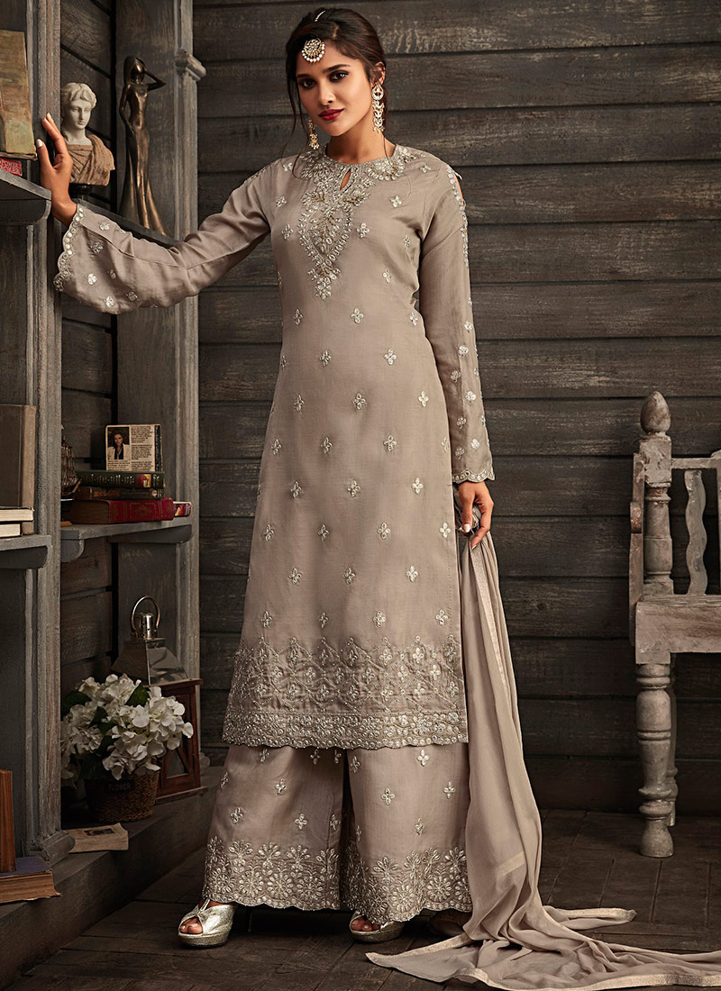 Buy Grey Embroidered Palazzo Suit, Zardosi , Embroidered, palazzo suit