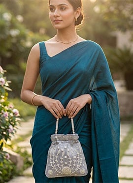 Grey Embroidered Potli Bag With Pearl Bead Work