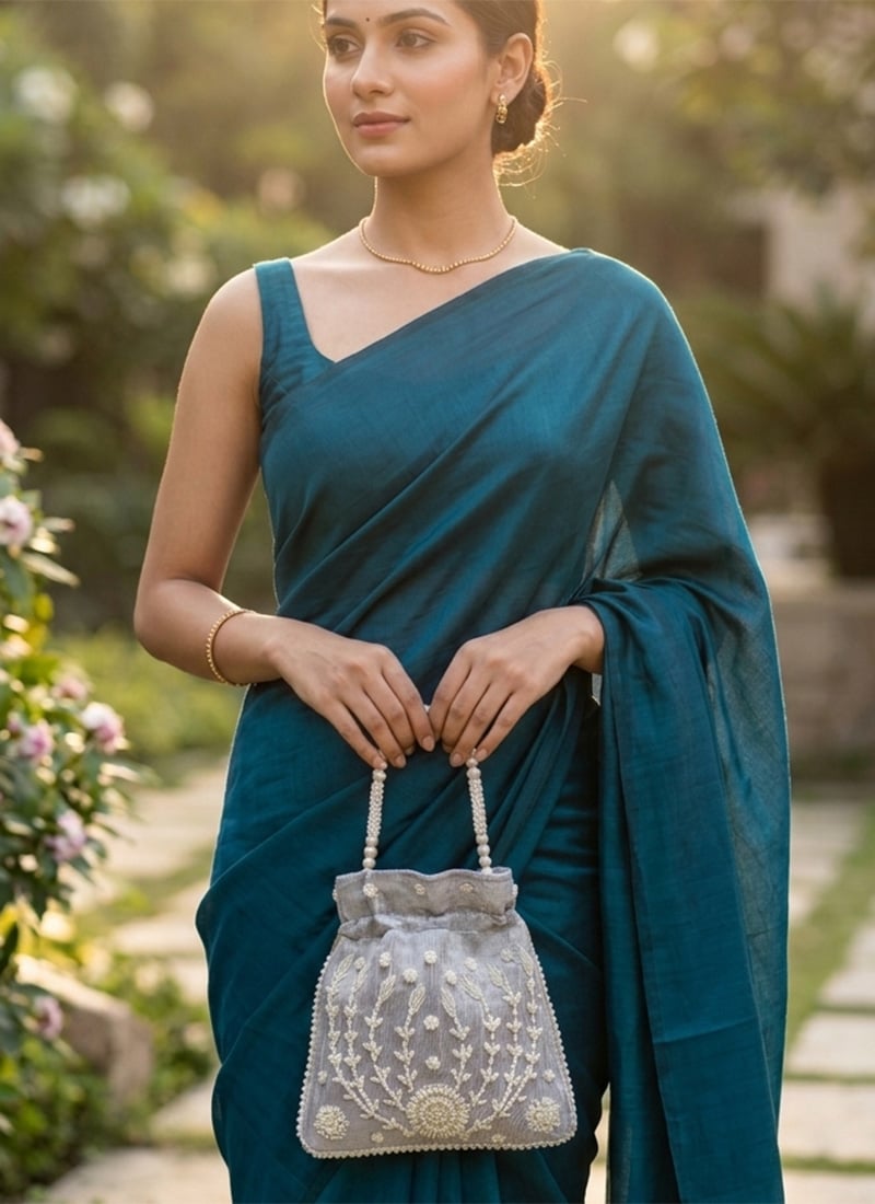 Grey Embroidered Potli Bag With Pearl Bead Work