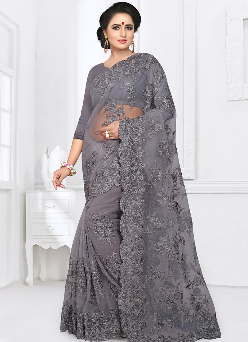 Grey Embroidered Saree Party Wear