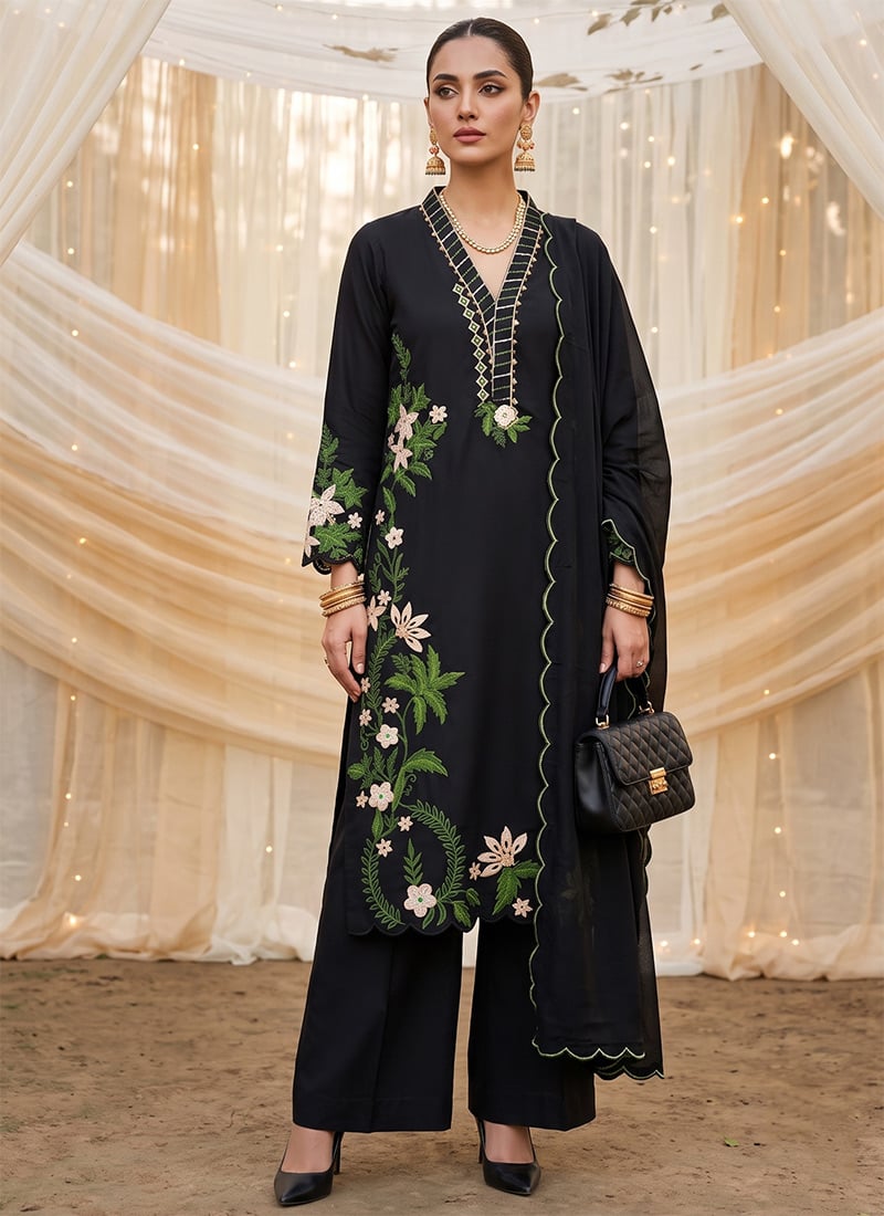 Grey Embroidered Silk Palazzo Suit Festive Wear