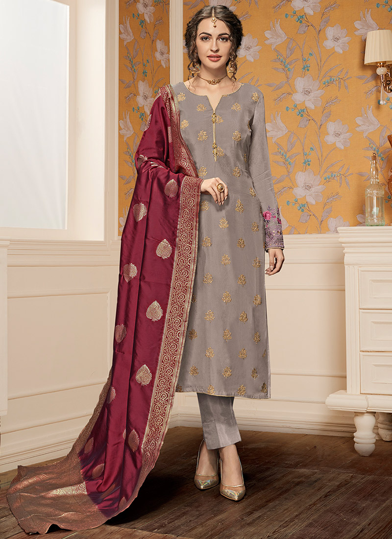 Buy Grey Embroidered Straight Pant Suit, Benarasi , Jacquard