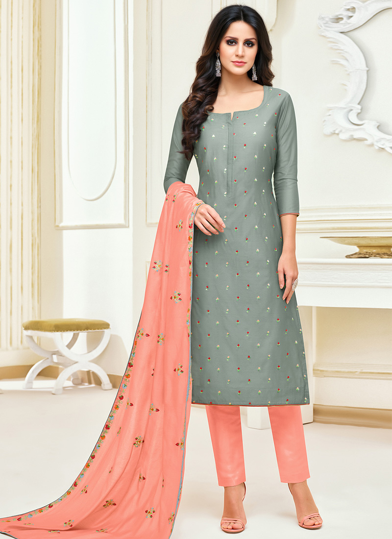 Buy Grey Embroidered Straight Pant Suit, Embroidered , Chanderi