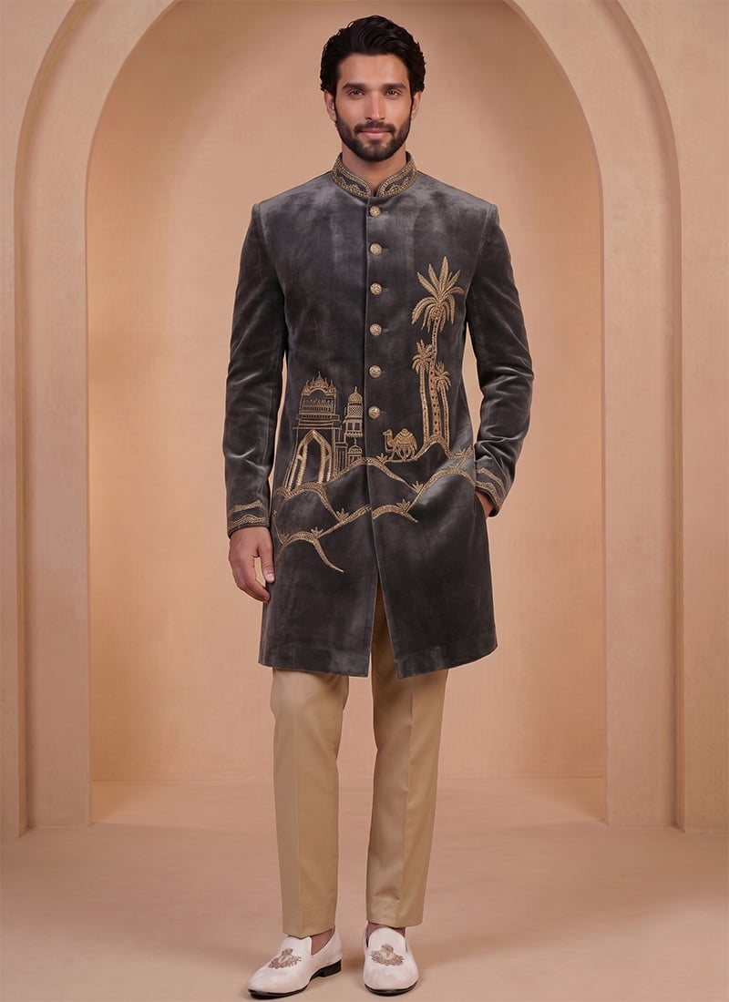 Grey Embroidered Velvet Indowestern Sherwani Wedding Wear