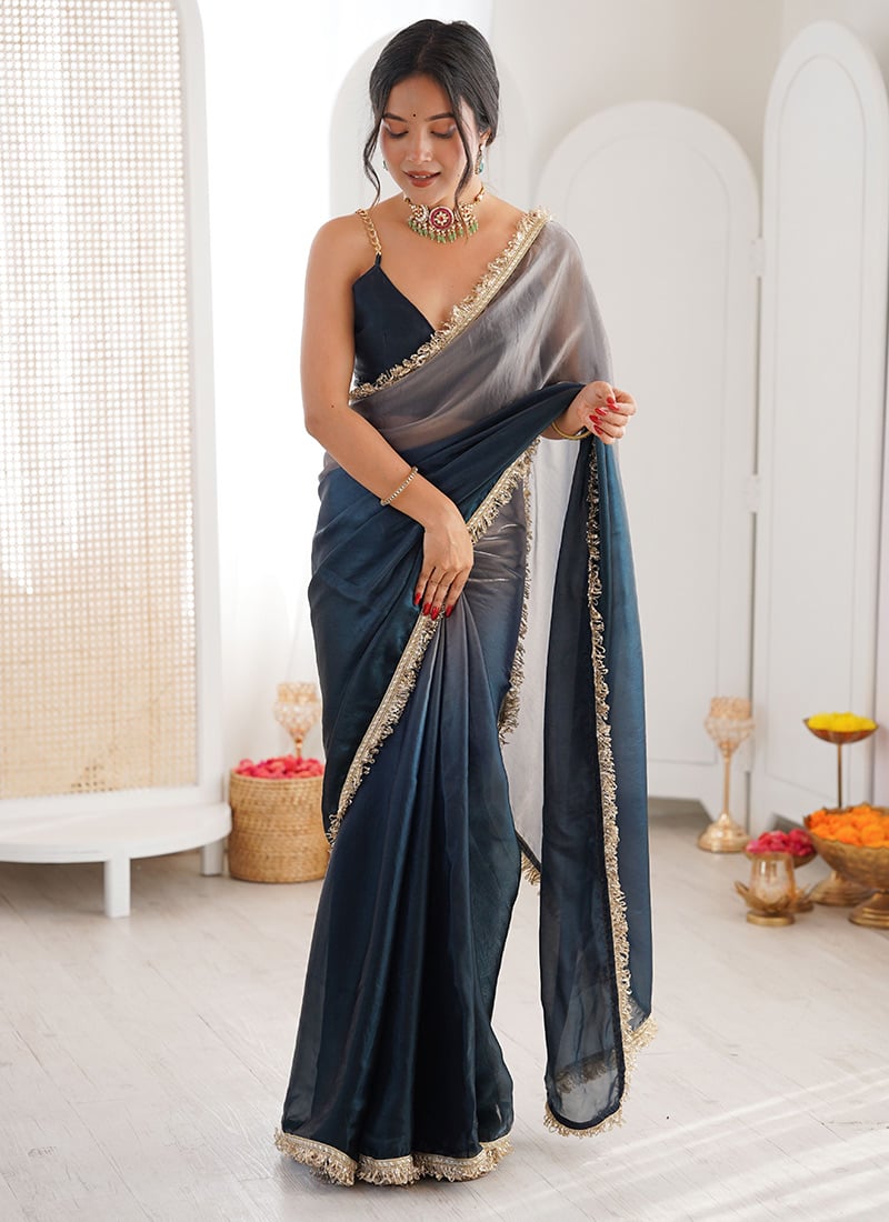 Grey Fandy Satin Shaded Zari Lace Border Saree After Six Wear