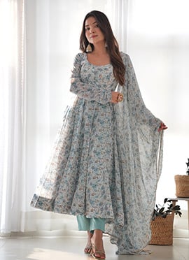 Grey Faux Chiffon Digital Print Anarkali Suit A Feminine Grace