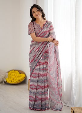 Grey Faux Georgette Digital Print Saree