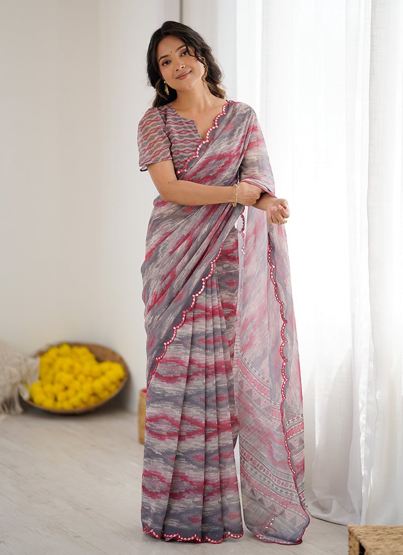 Grey Faux Georgette Digital Print Saree After Six Wear