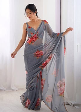 Grey Faux Georgette Digital Print Saree