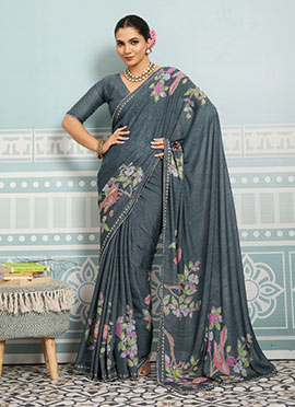 Grey Faux Georgette Digital Print Saree