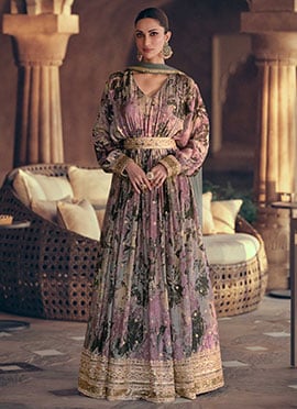 Grey Faux Georgette Embroidered Digital Print Anarkali Gown