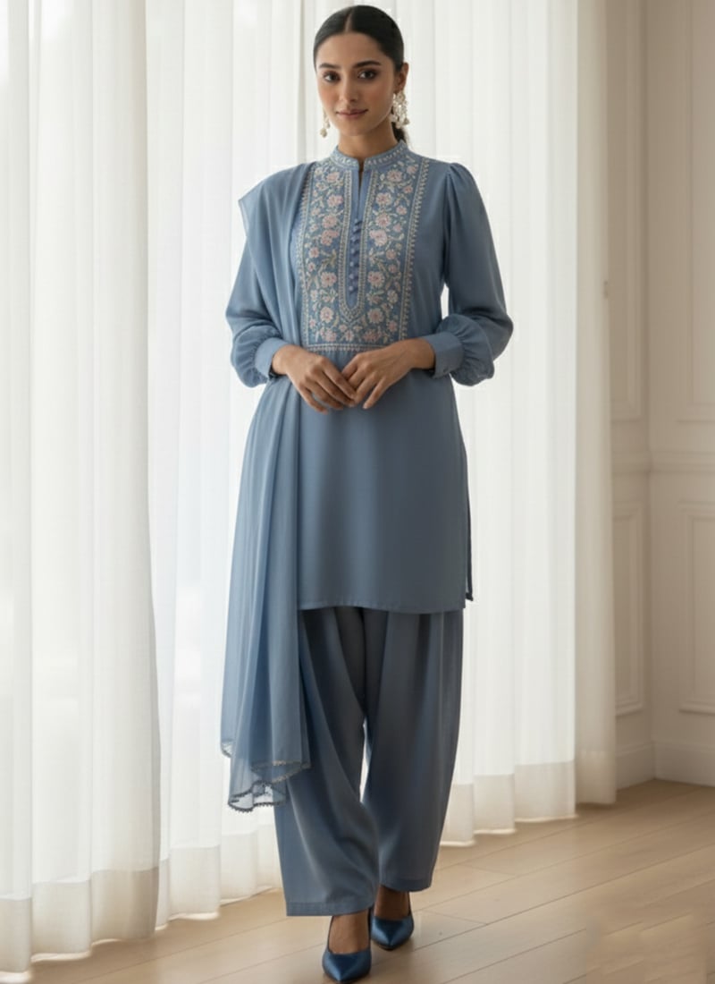 Grey Faux Georgette Embroidered Salwar Suit After Six Wear