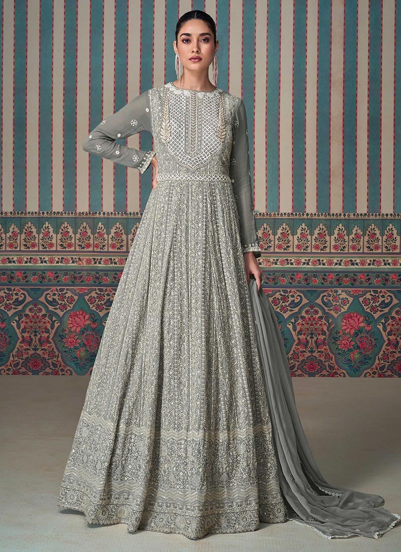 Grey Faux Georgette Embroidered Sequins Abaya Style Anarkali Suit Stunning Wedding Wear