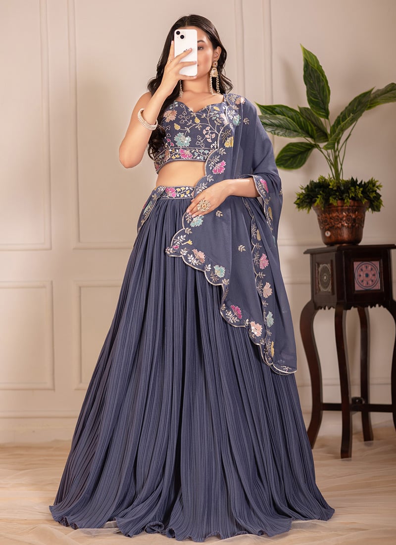 Grey Faux Georgette Embroidered Sequins Lehenga Festive Wear
