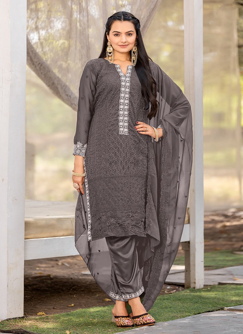 Grey Faux Georgette Embroidered Thread Straight Pant Suit After Six Wear