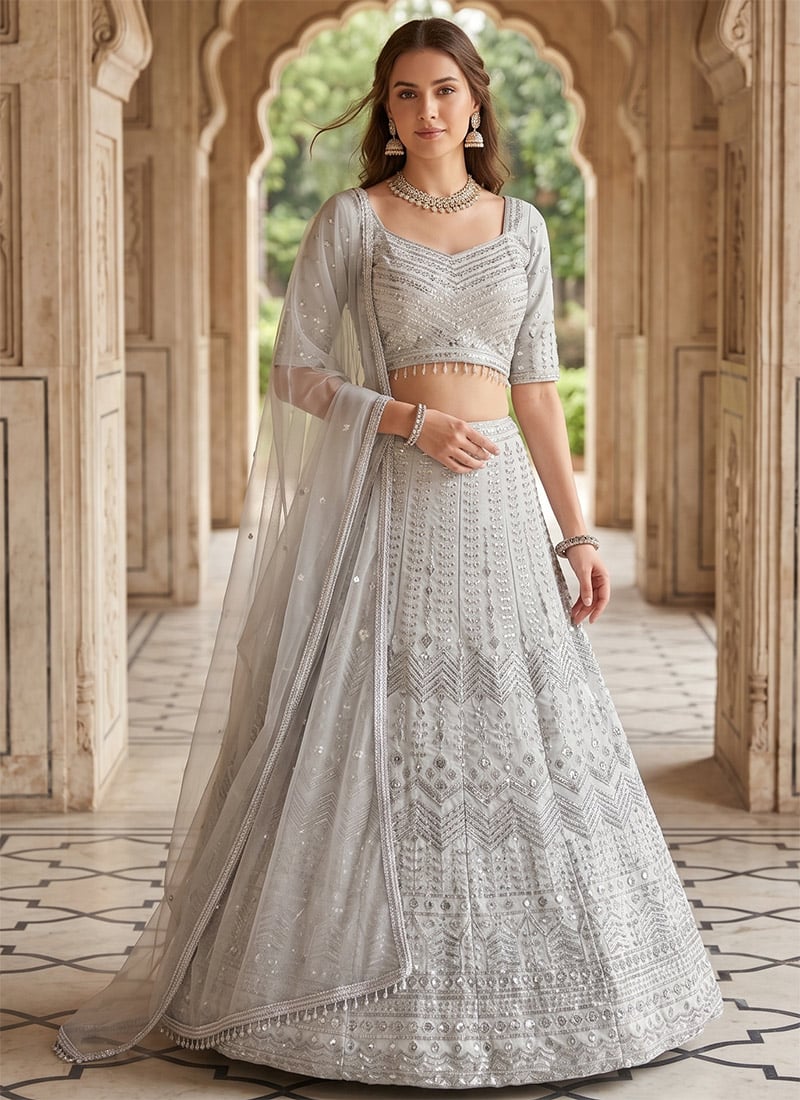 Grey Faux Georgette Embroidery Sequins Lehenga Wedding Wear