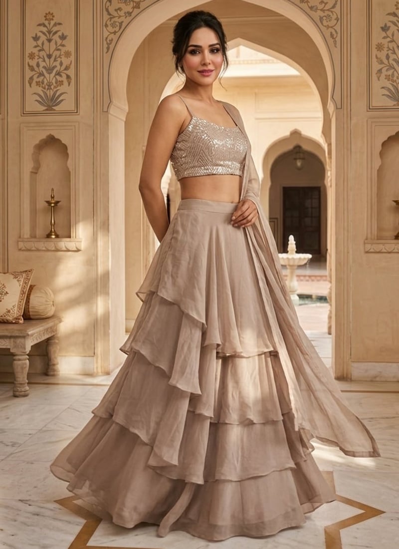 Grey Faux Georgette Hand Embroidered Lehenga Wedding Wear