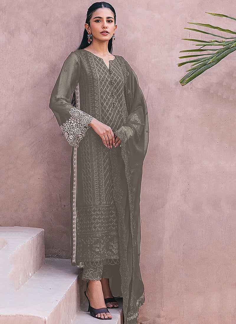Grey Faux Georgette Pakistani Suit Embossed With Embroidery For Pongal